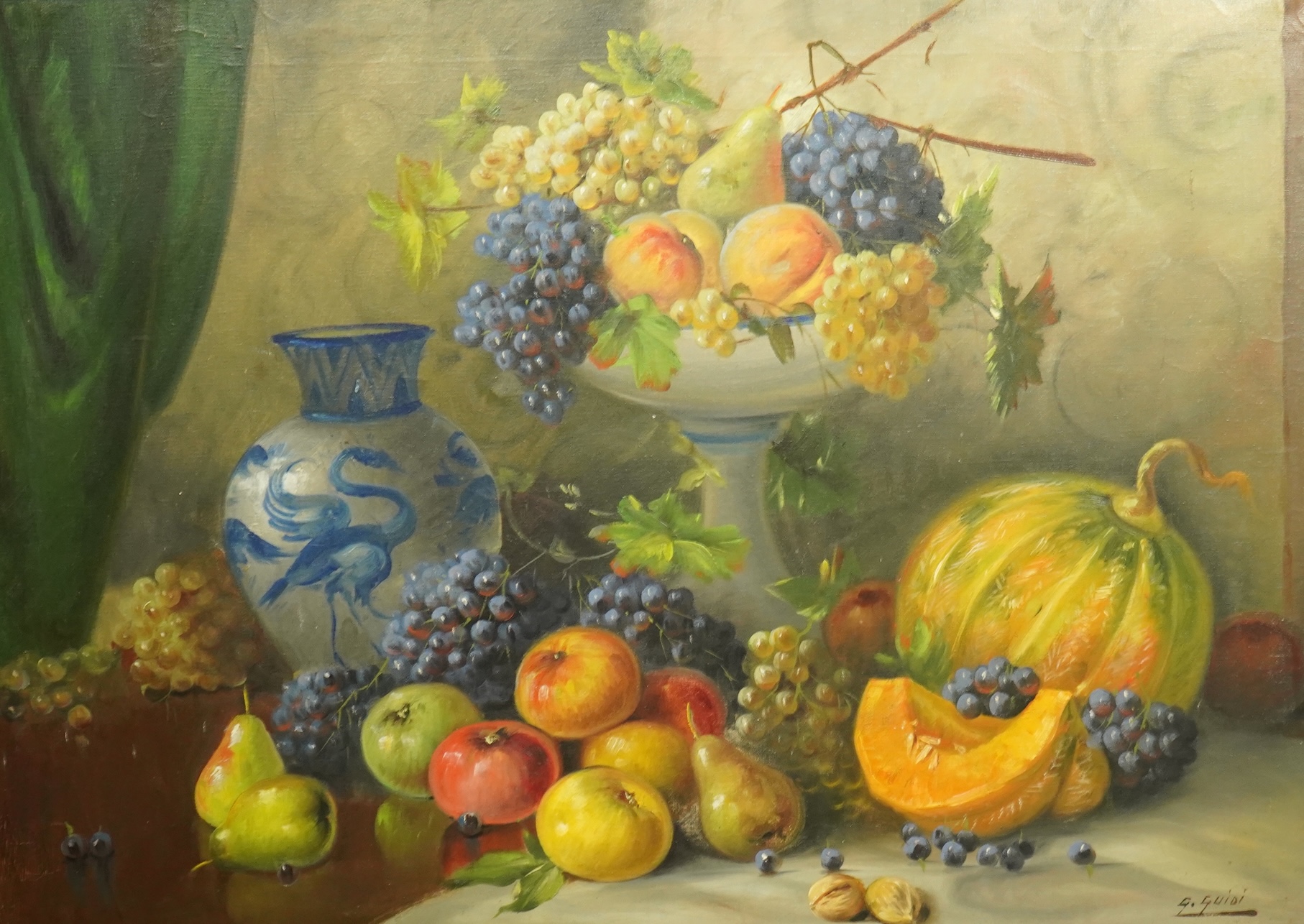 G. Guidi, Still life with a melon, grapes, pears, apples and walnuts, oil on canvas, 67 x 94cm